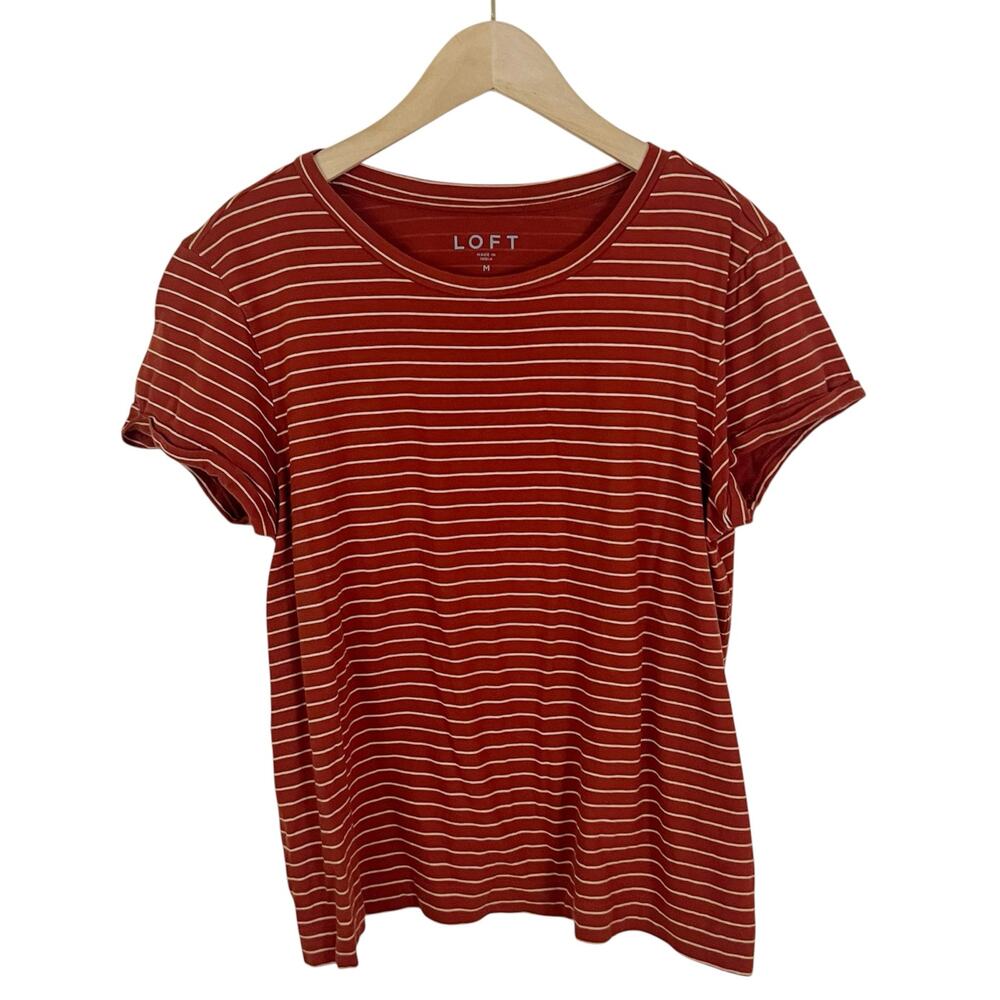 LOFT Orange and White Striped Short Sleeve Cropped Tee Size Medium